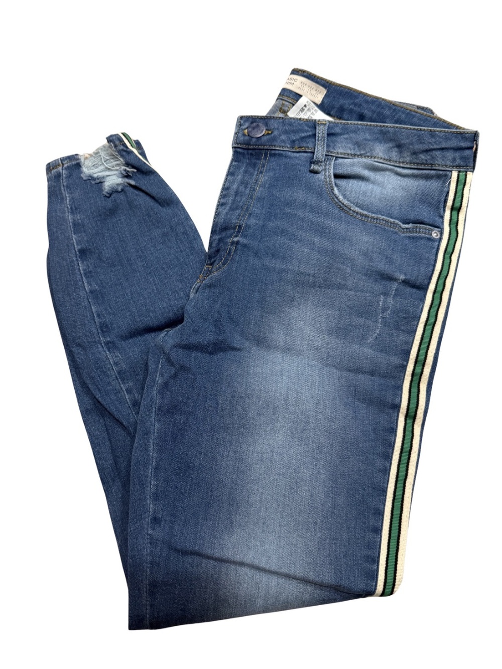 Zara Women's Distresses Blue Skinny Jeans with Green and Cream Side Stripe